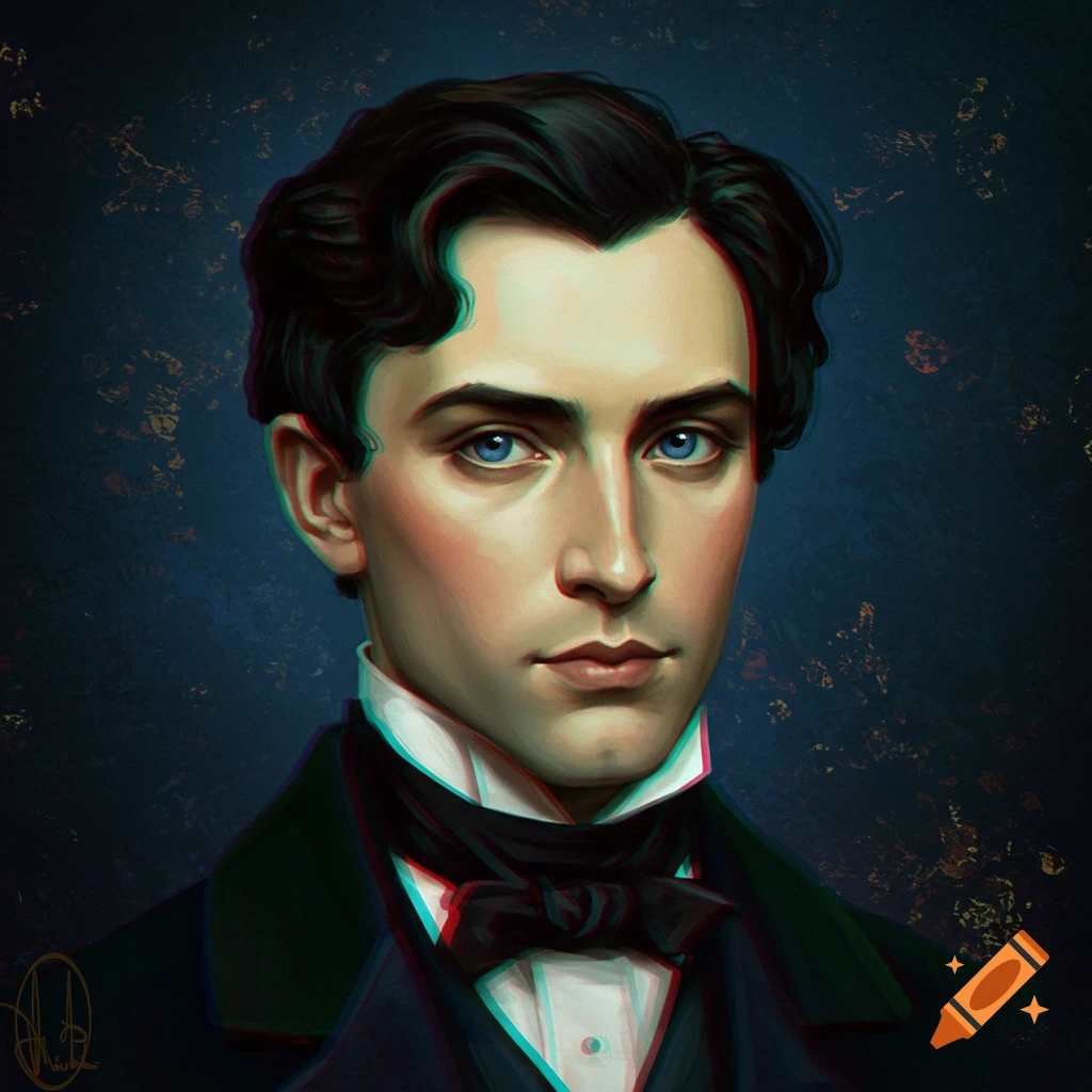 Portrait of a young man in historical formal wear with blue eyes, featuring an anaglyph effect.