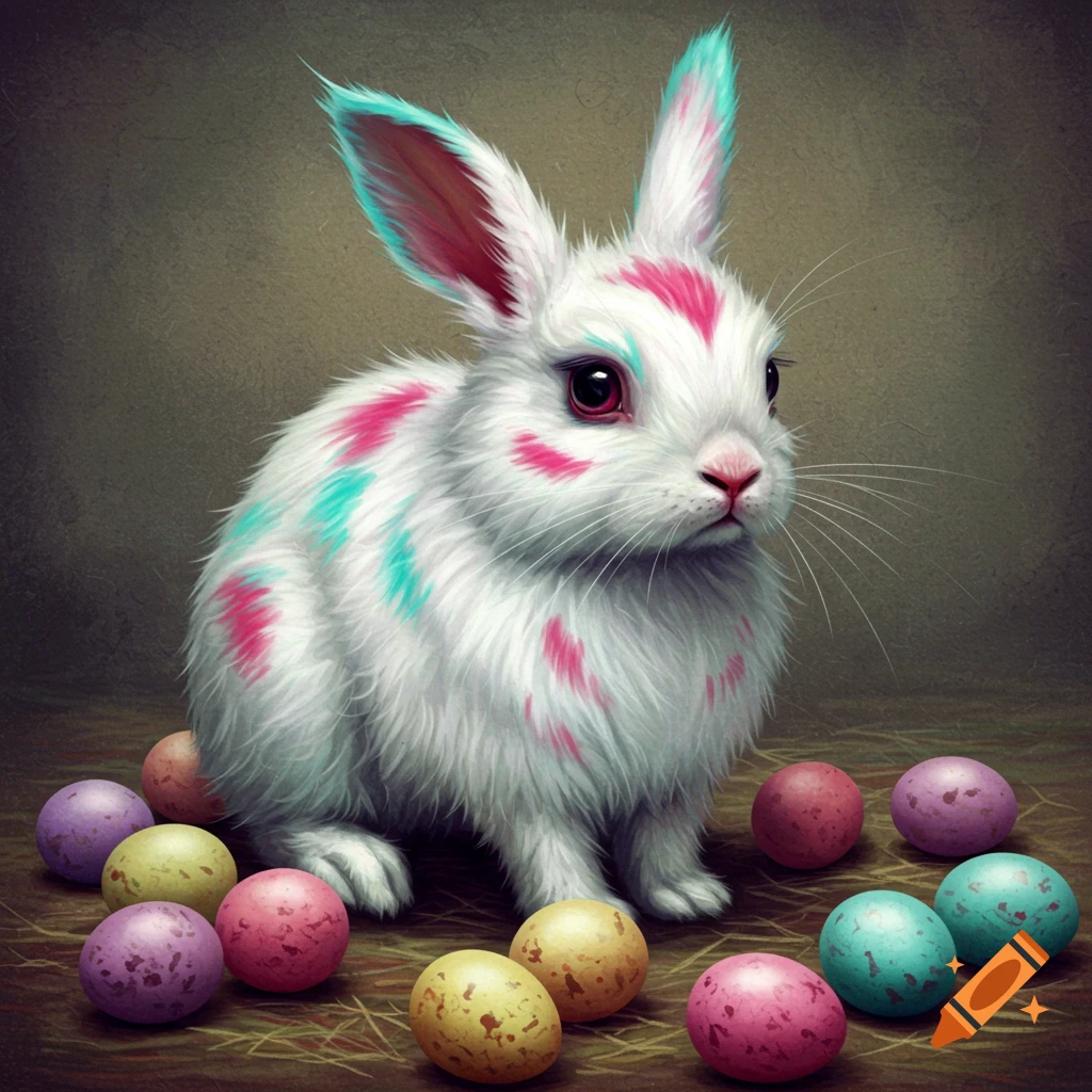 A fluffy white bunny with pink and teal streaks sits among scattered Easter eggs.