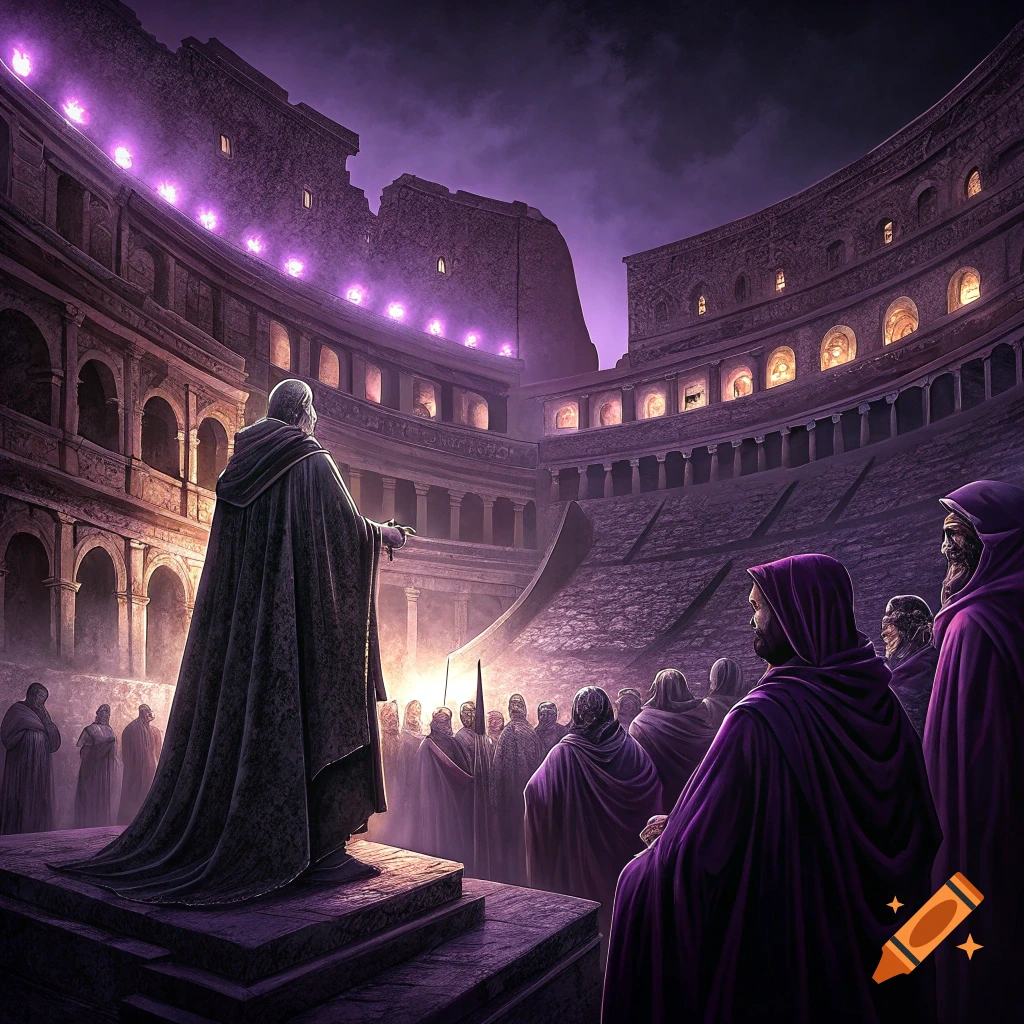 Cloaked figures listen to a speaker in a dark Roman-style stadium with purple lighting.