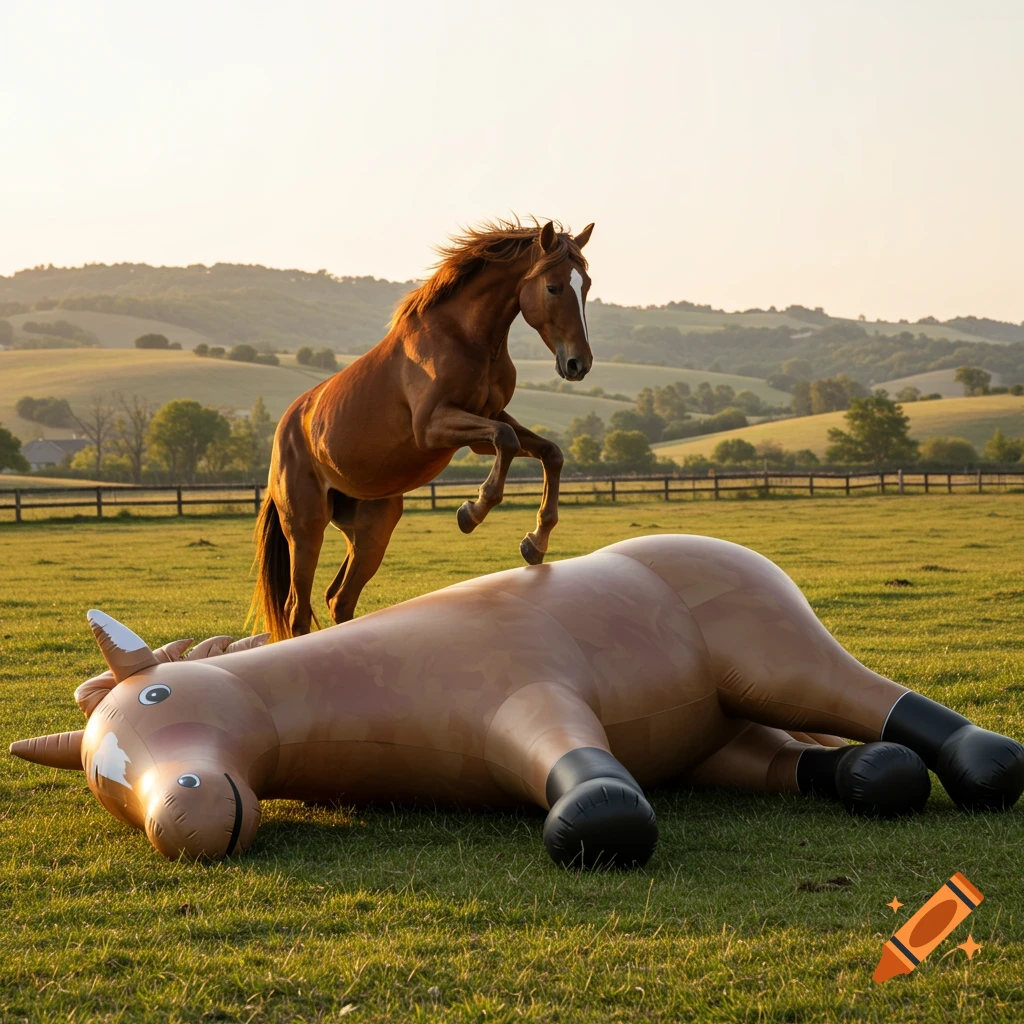 Real horse stepping on a large inflatable horse in a sunny field.