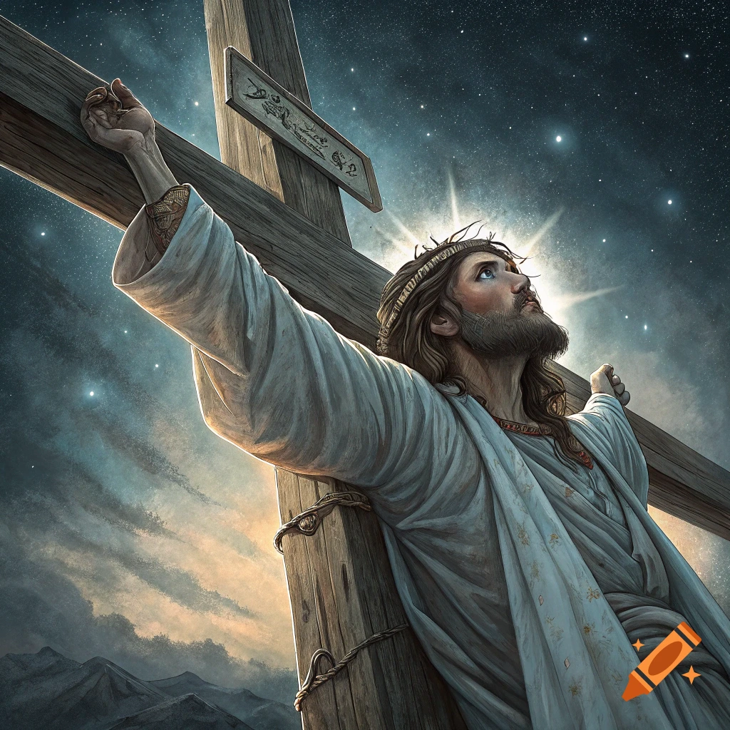 Jesus is crucified on the cross under a starry night sky.