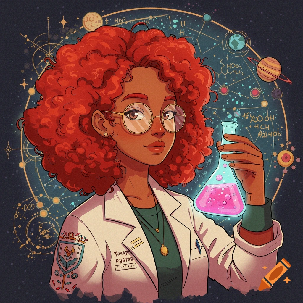A scientist holds a flask, with space and scientific diagrams in the background.