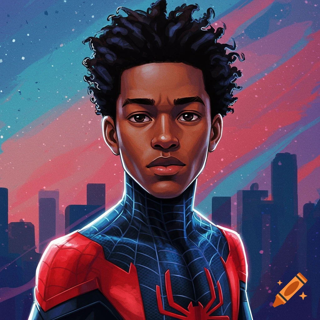 A vibrant image of Miles Morales in his Spider-Man suit against a dynamic city skyline.