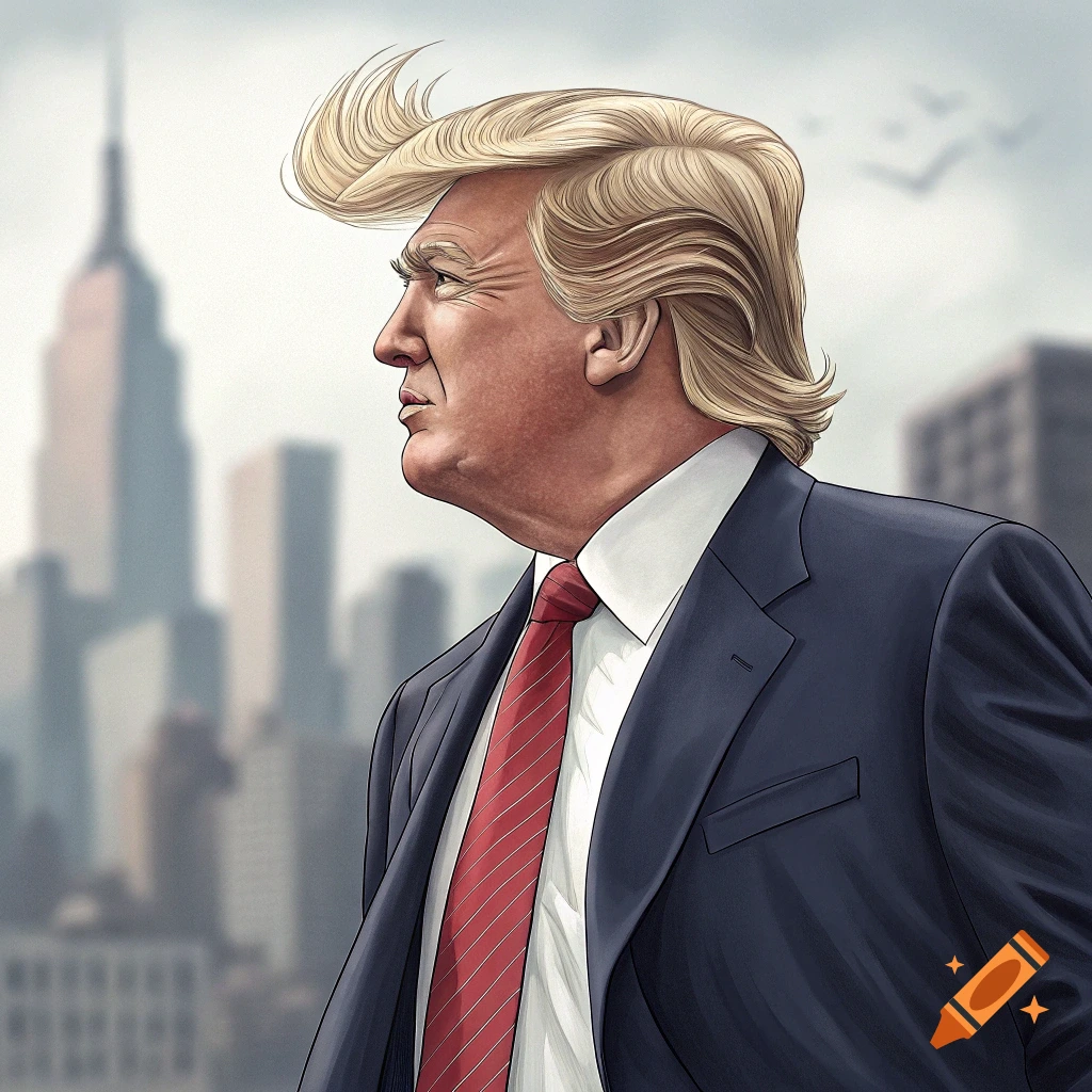 Stylized portrait illustration of Donald Trump looking left, with a blurred cityscape background.