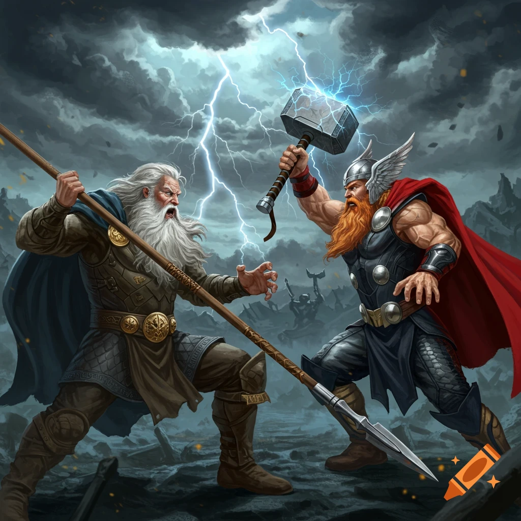 Odin fighting Thor with lightning during a storm