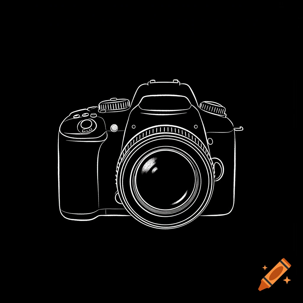 White outline drawing of a DSLR camera on a black background.