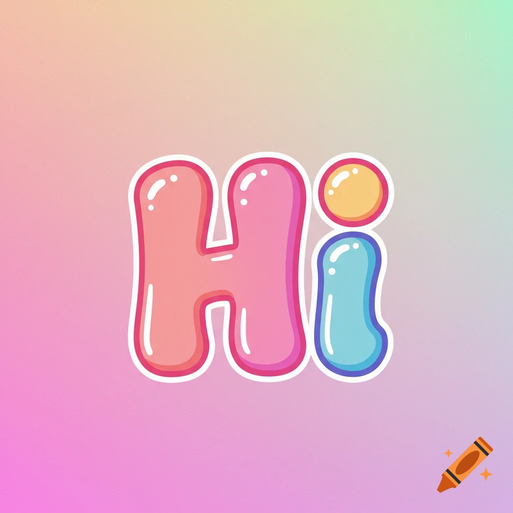 The word 'Hi' in colorful bubble letters on a pastel background.