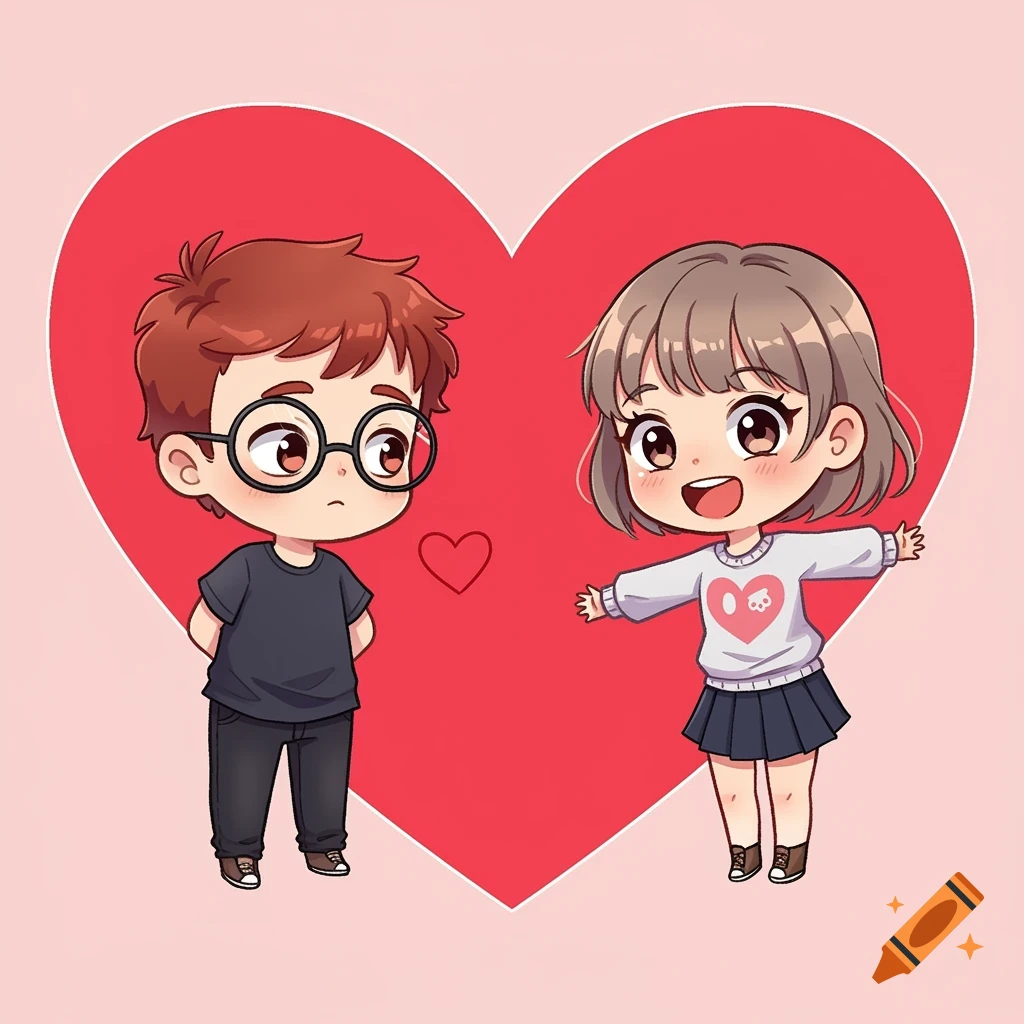 Cute chibi couple, a shy boy and energetic girl, standing in front of a large red heart.