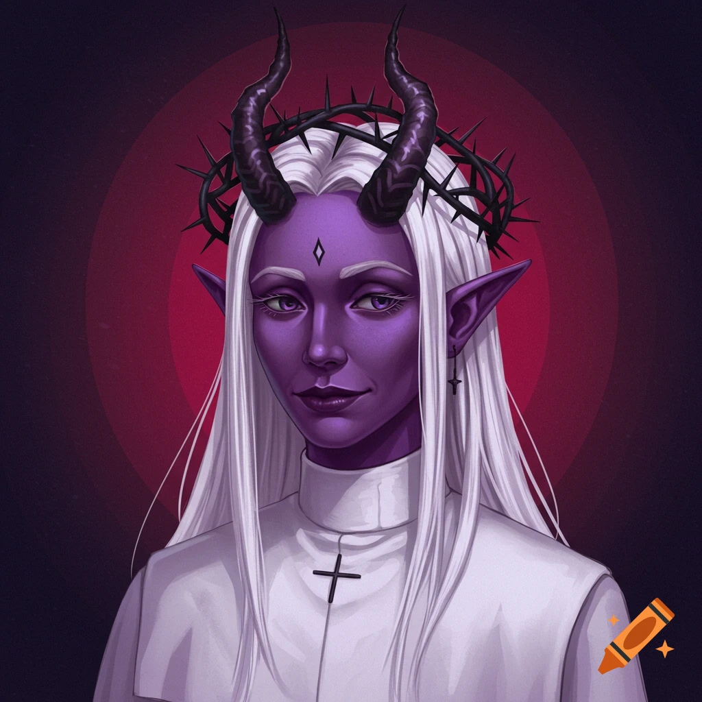 A character with purple skin, horns, long white hair, crown of thorns, and a white robe with a cross.