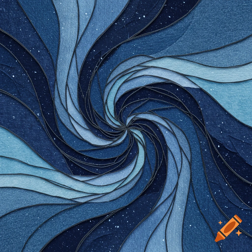 An abstract swirl pattern resembling a blue fabric quilt with white speckles.