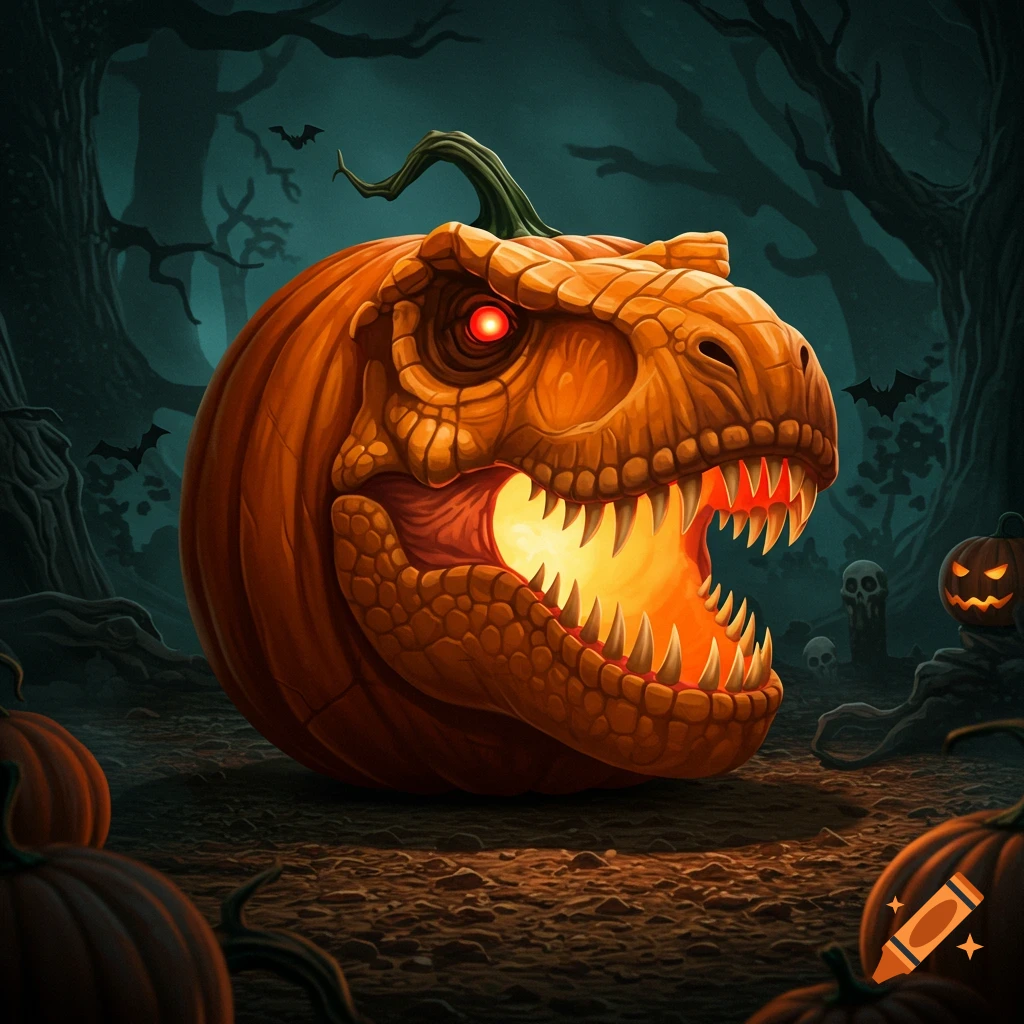 A spooky Halloween scene featuring a pumpkin carved into a T-Rex head.