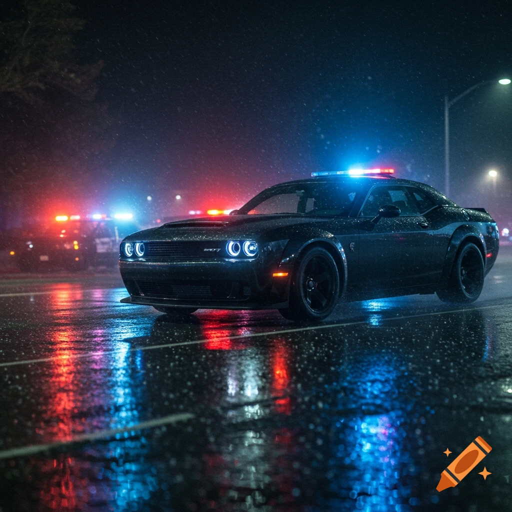 Black muscle car with police lights drives on a wet street at night in the rain, pursued by other police cars. Photorealistic.
