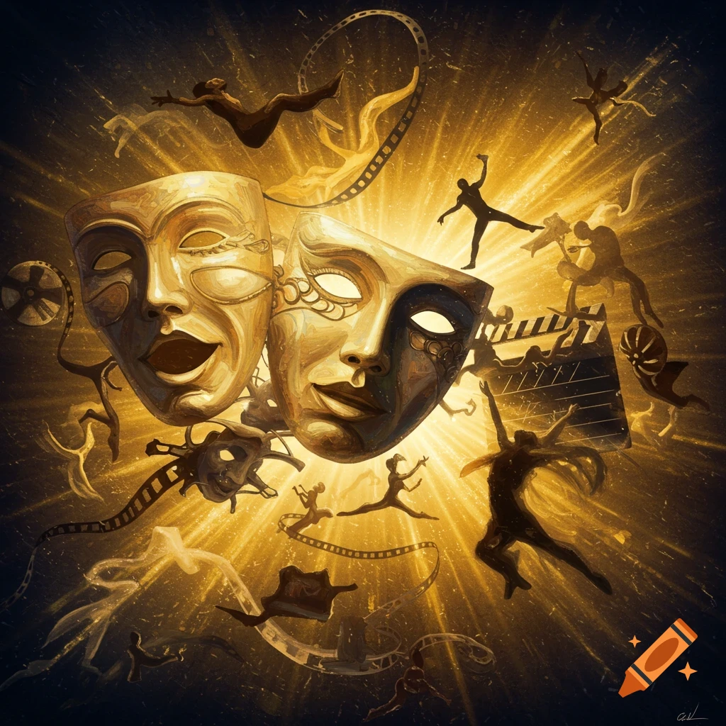 Symbolic art with theatre masks, film reels, and silhouetted dancers in golden light.