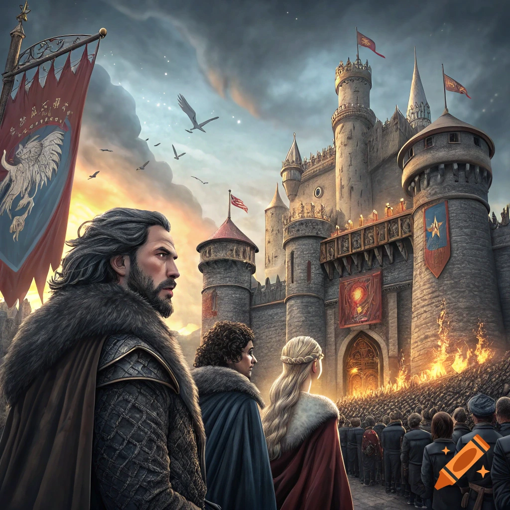 People in fantasy attire look towards a large castle with banners and a crowd.