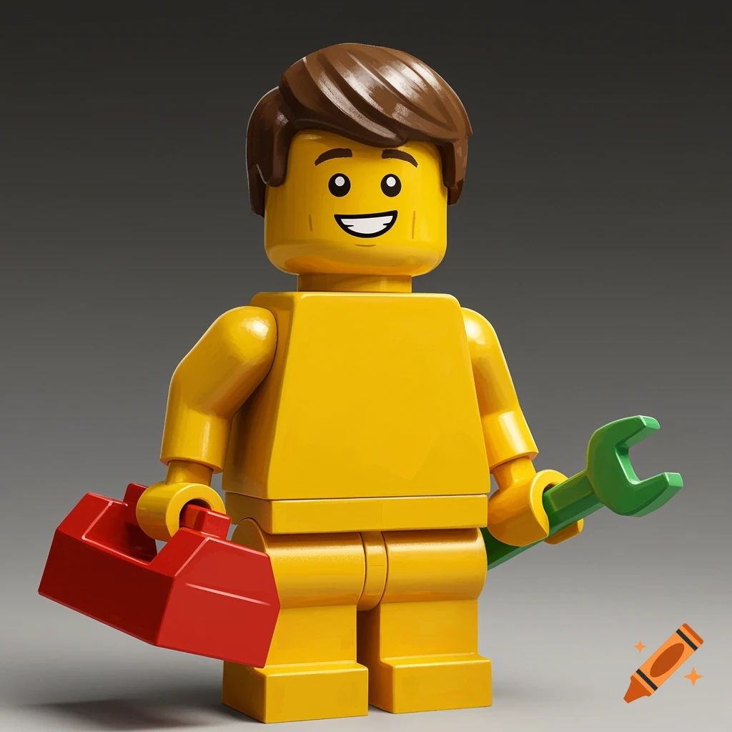 A yellow Lego minifigure holds a red toolbox and a green wrench.