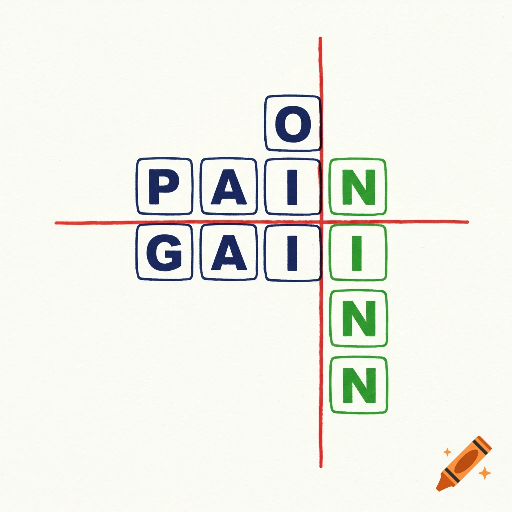 A crossword grid with the words PAIN and GAIN crossing, and O INN arranged vertically.