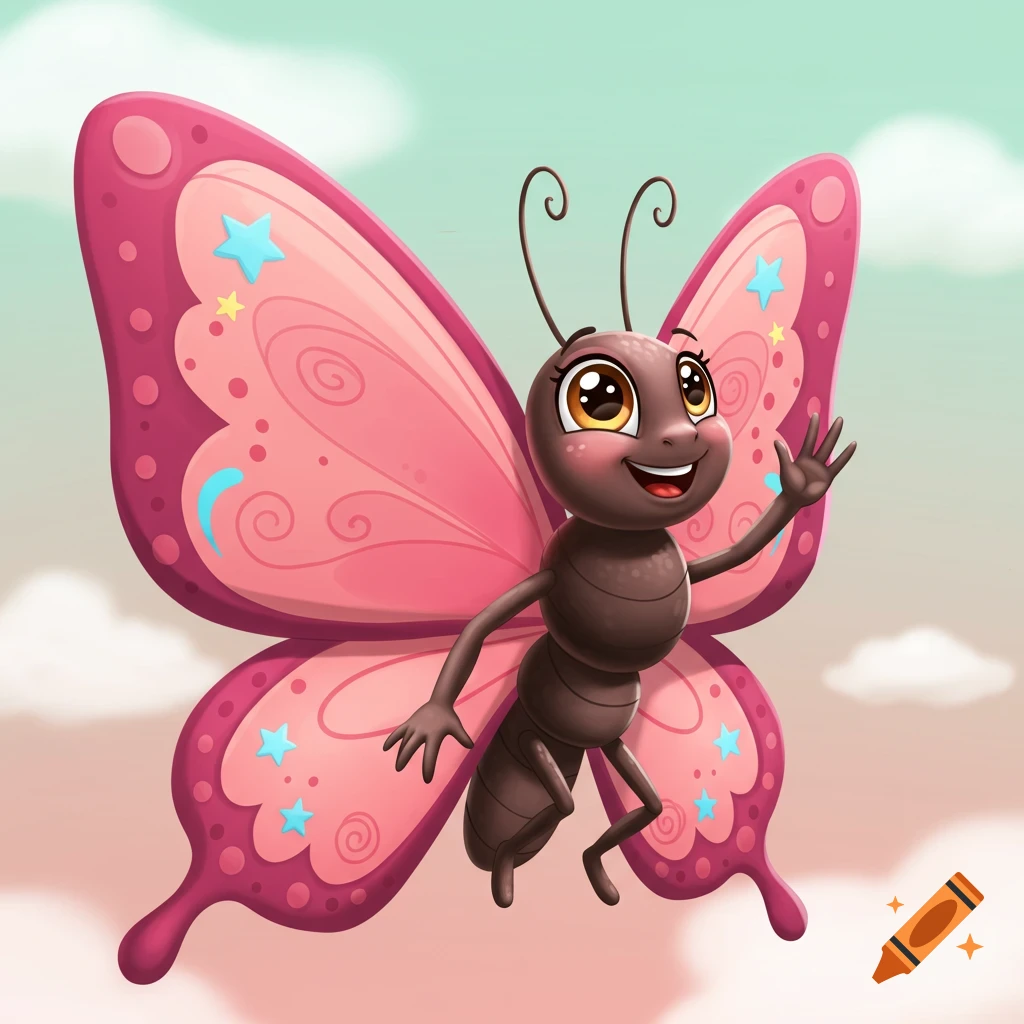 A cartoon butterfly waving happily in the sky