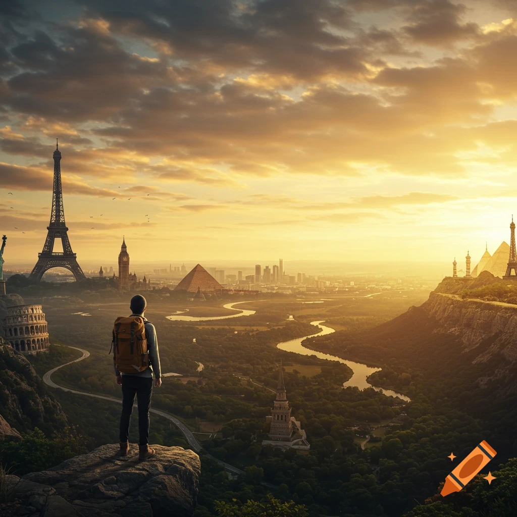 A traveler stands on a cliff overlooking a vast valley with a river, forests, and various world landmarks under a golden sunset.