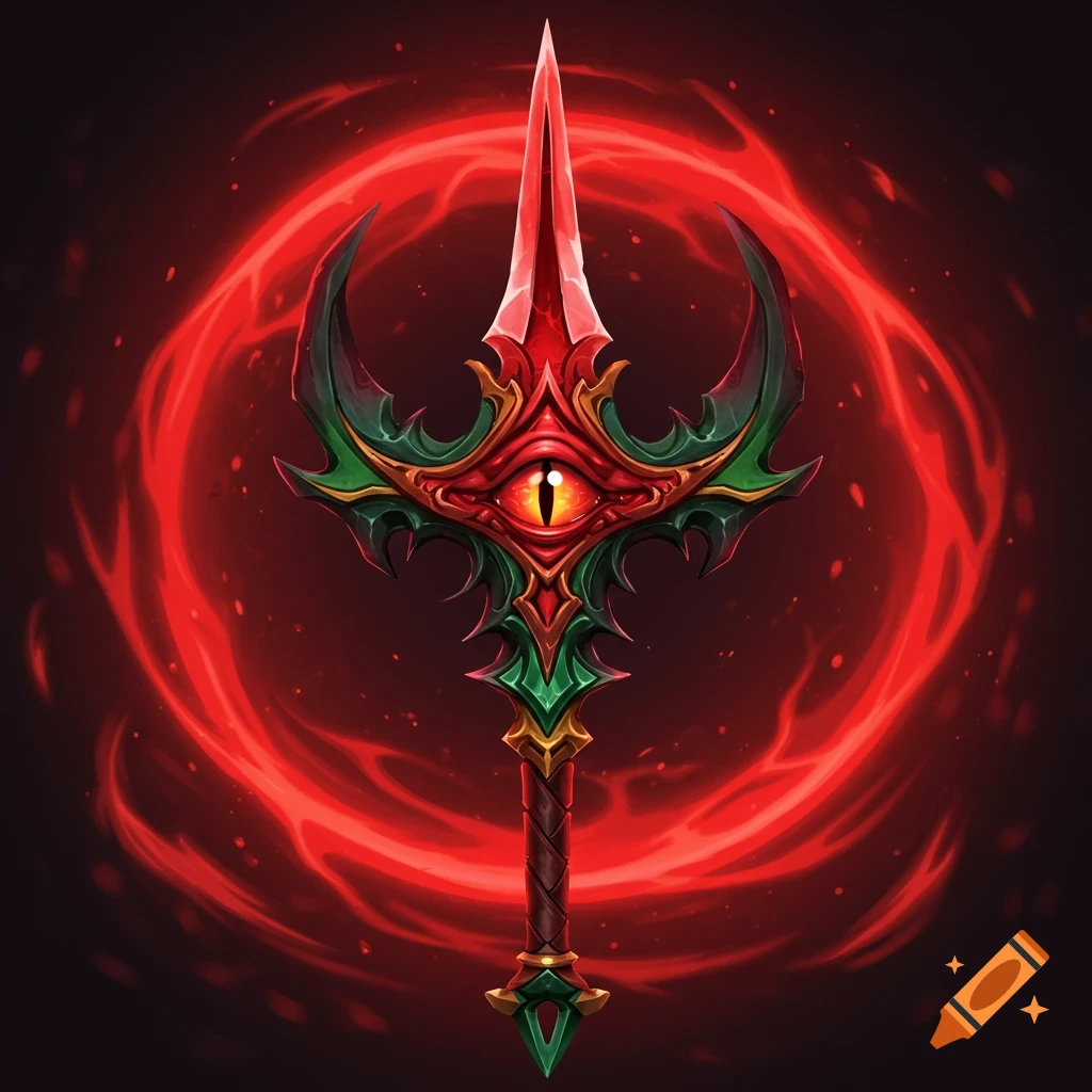 A fantasy sword with a demonic eye in the crossguard and a red glow aura.