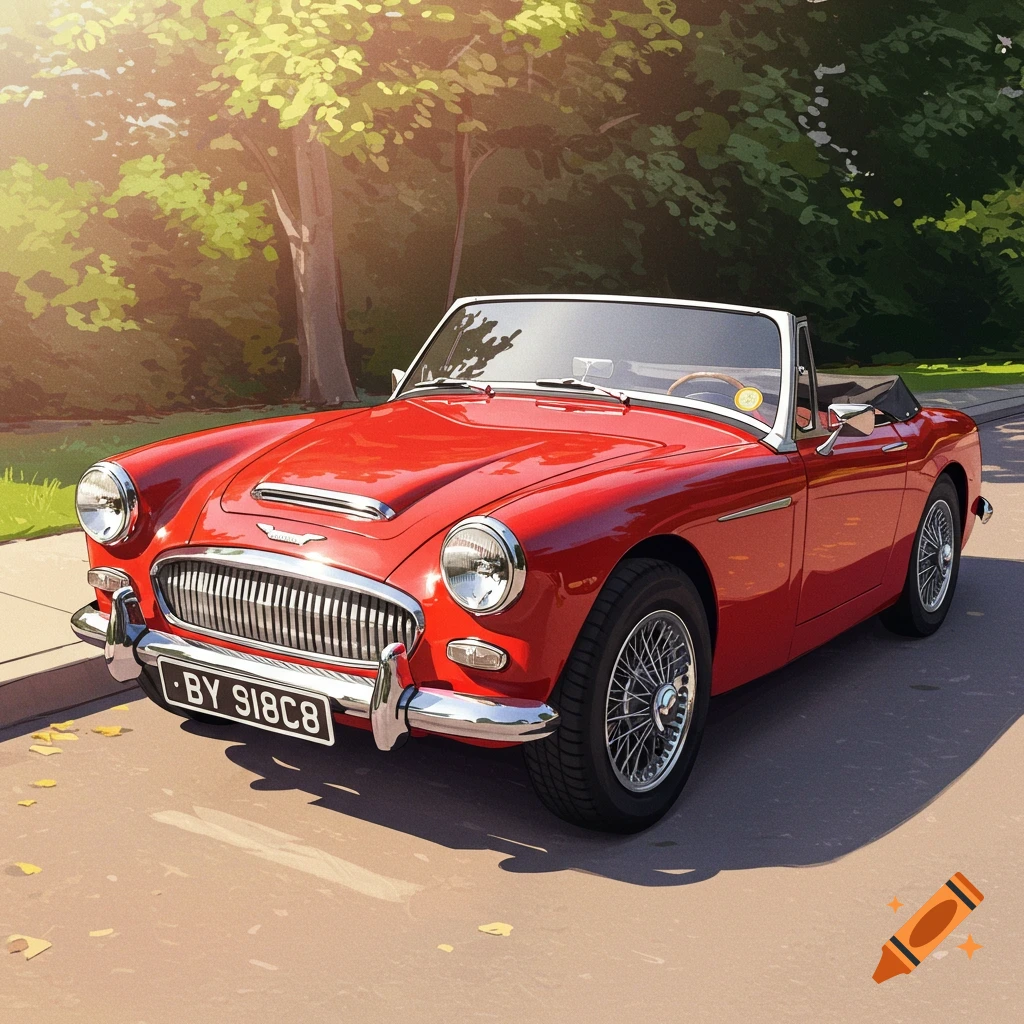 A red classic convertible car is parked on a sunny street.