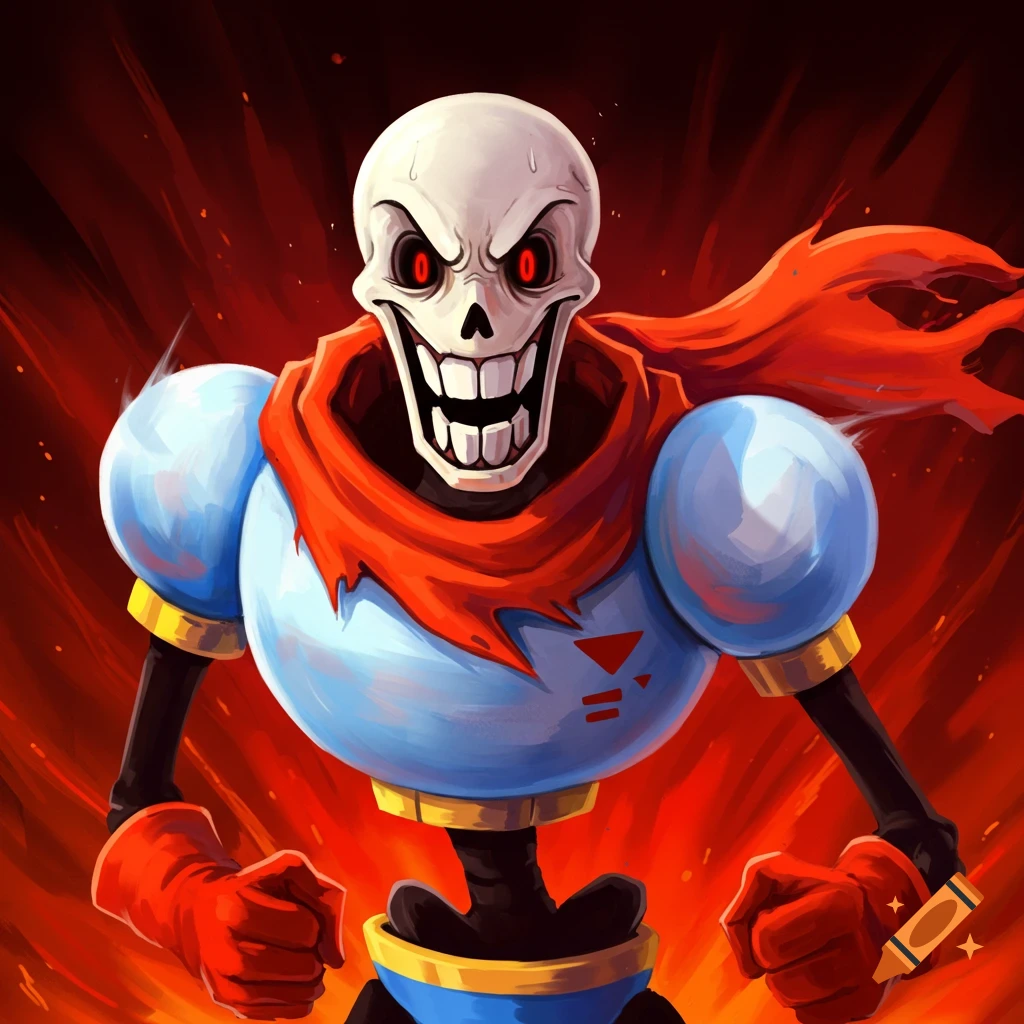 Undertale character Papyrus looking angry against a fiery background.