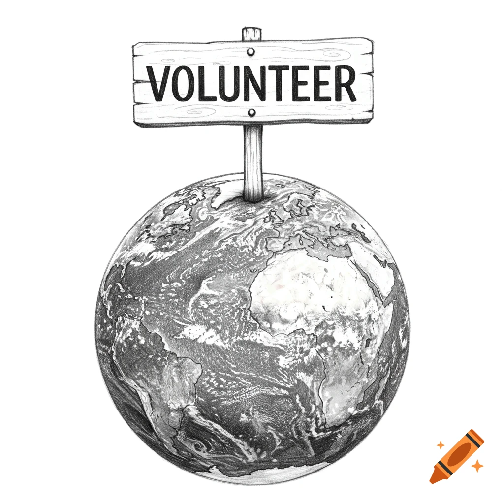 Pencil drawing of the Earth with a sign that says Volunteer.