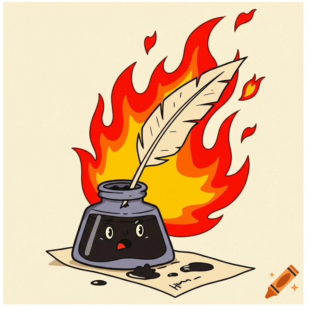 A cartoon inkwell with a quill on fire, standing on paper with scribbles.