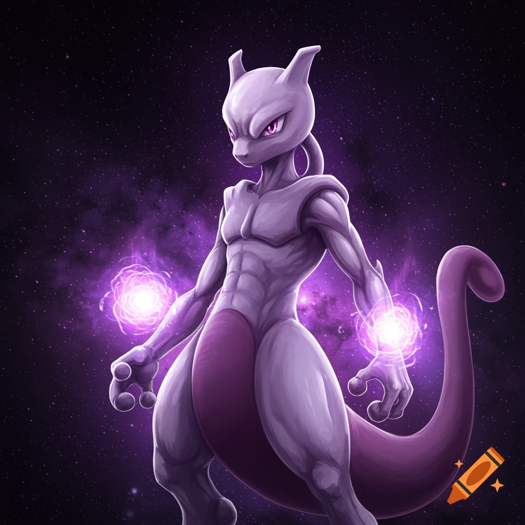 Mewtwo surrounded by purple psychic energy in space