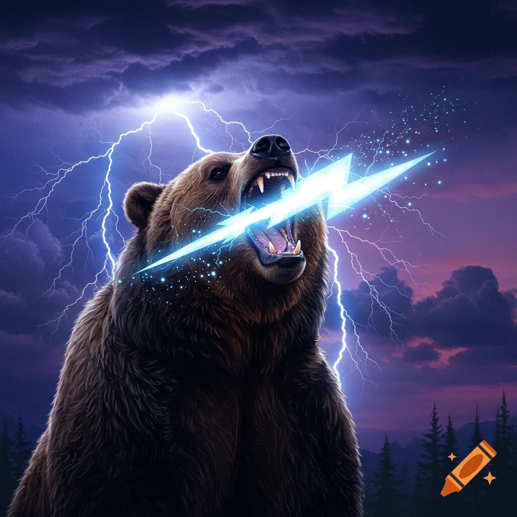 A bear roaring, catching a lightning bolt in its mouth, with a storm in the sky and a forest below.