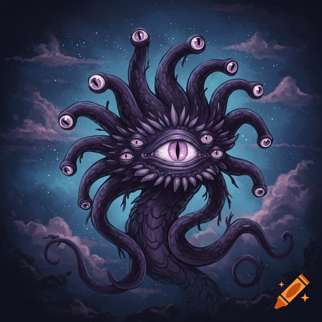 A purple fantasy creature with multiple eyes on stalks, resembling a behholder, is shown against a starry night sky with purple clouds.