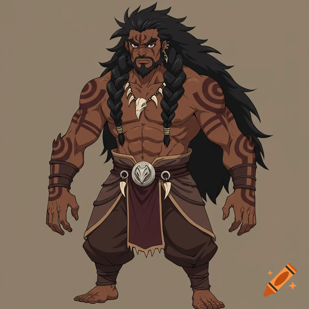 Anime-style character with dark skin, braided hair, tribal markings, and bone necklace, standing.