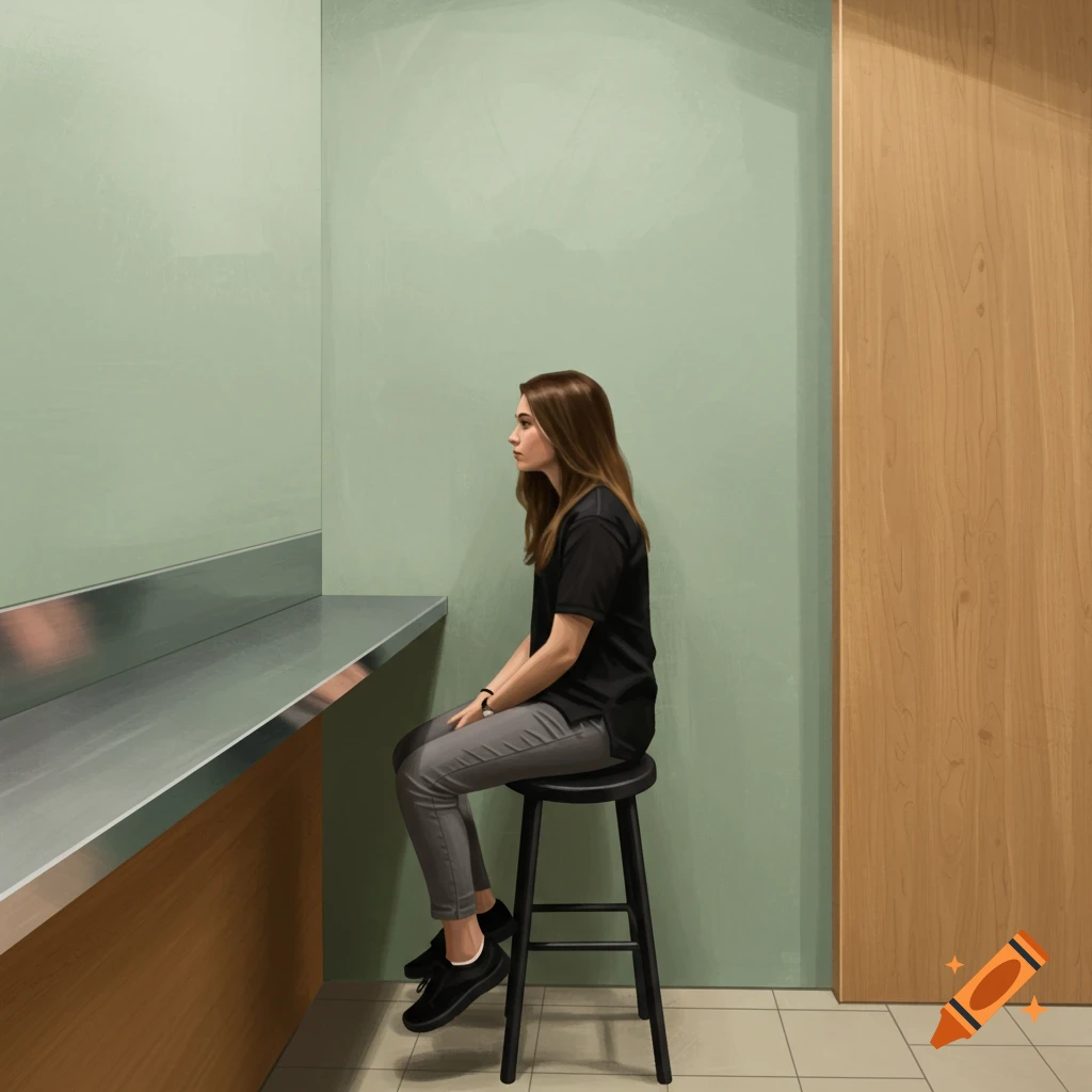 A young woman sitting on a stool in a corner with green walls and wood paneling.