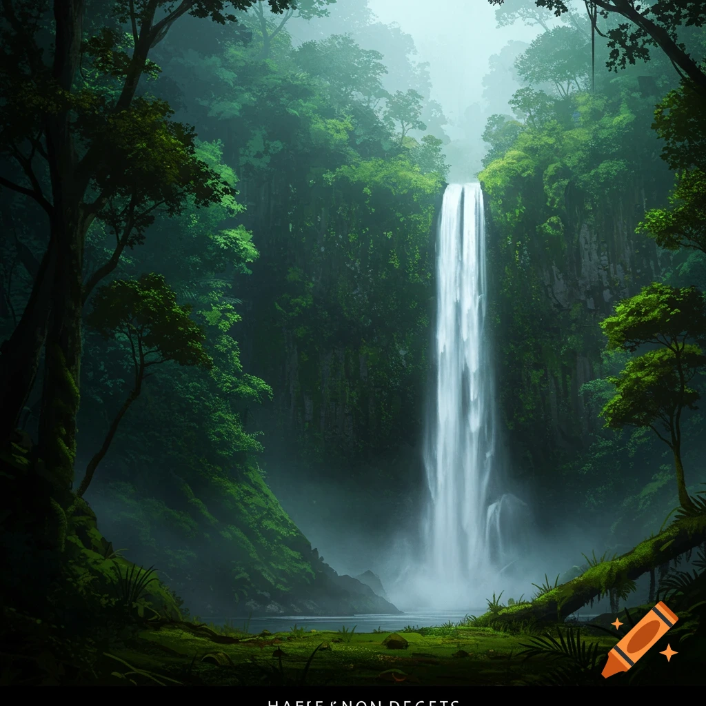 A waterfall cascades down a rock face in a misty rainforest.