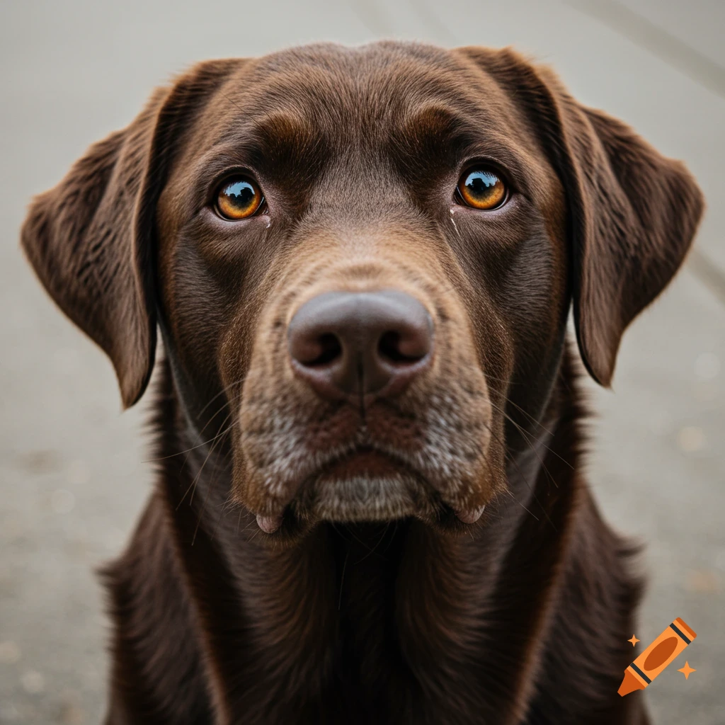 Close-up portrait of a brown labrador retriever dog looking at the camera.