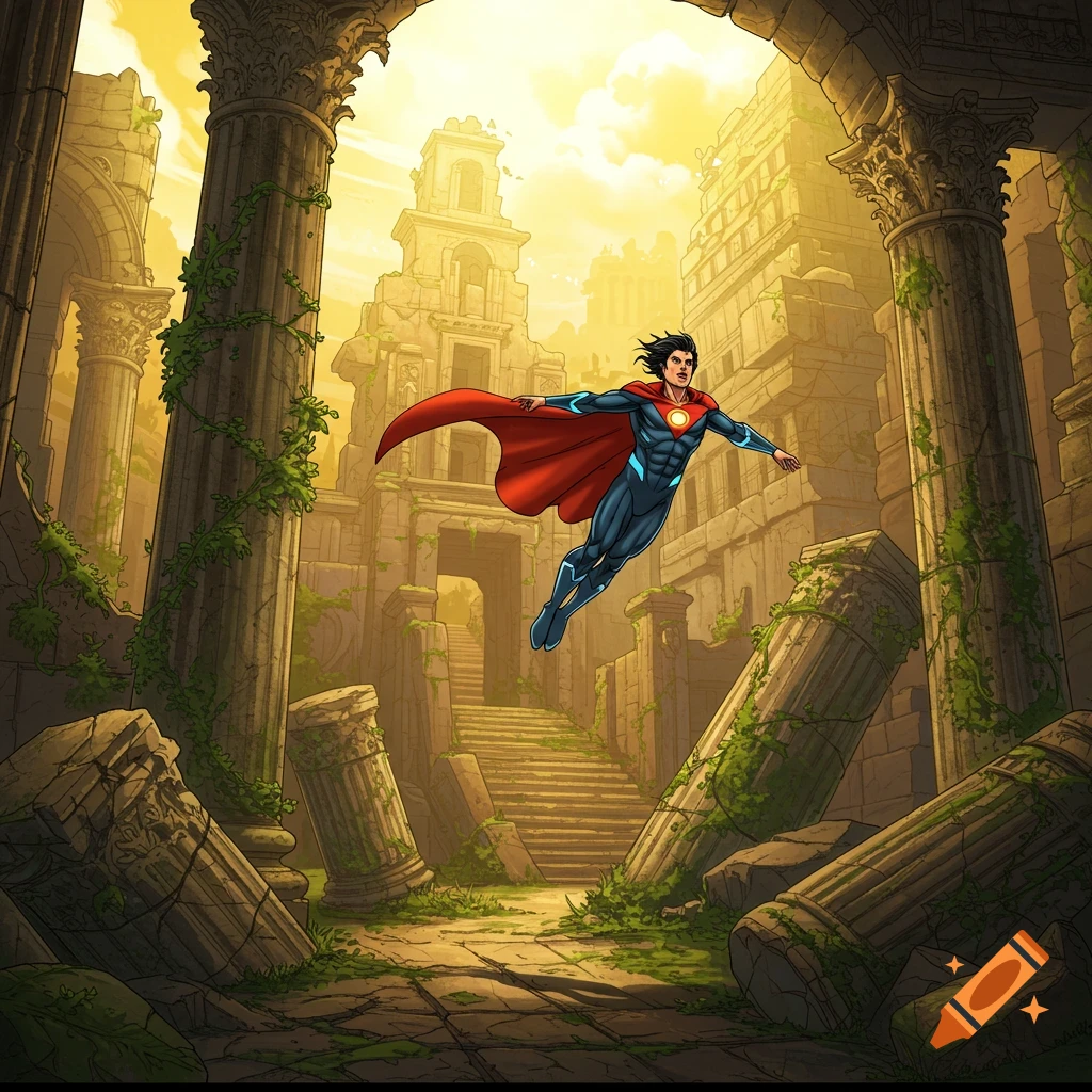 Superhero flying through ancient ruins, comic art style