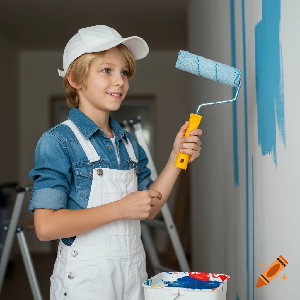 Young boy in overalls painting a wall with a roller