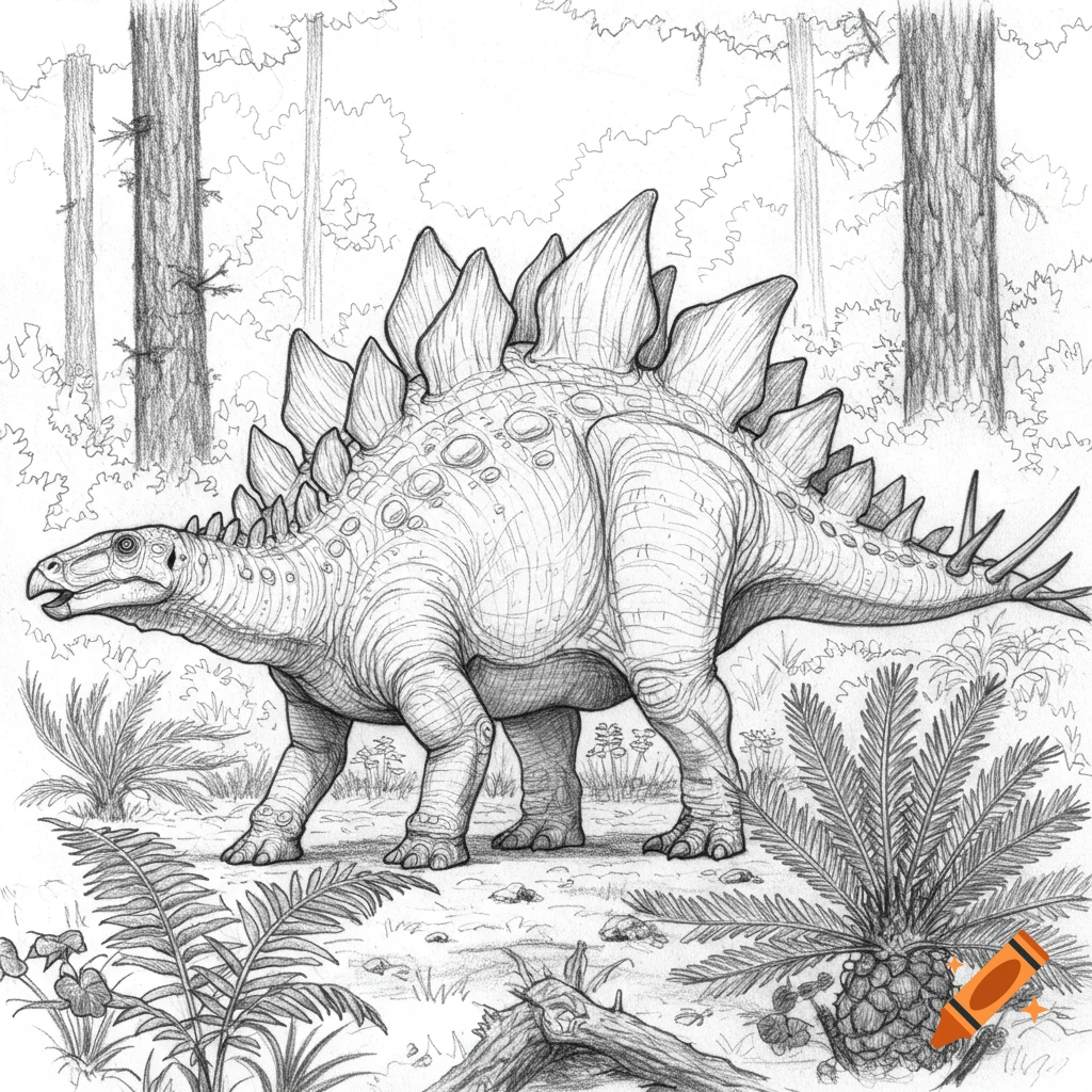 A detailed sketch of a stegosaurus walking through a forest.