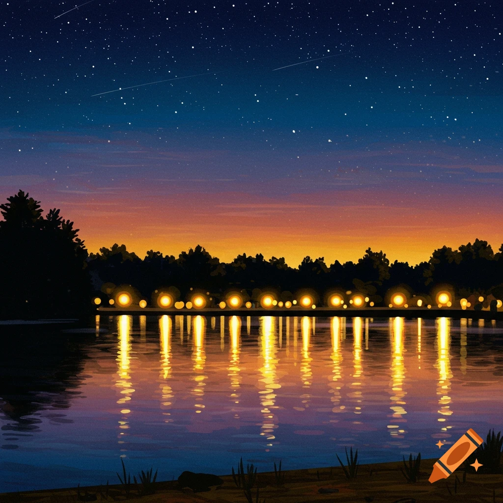 A lake at night with lights reflecting on the water under a starry sky.