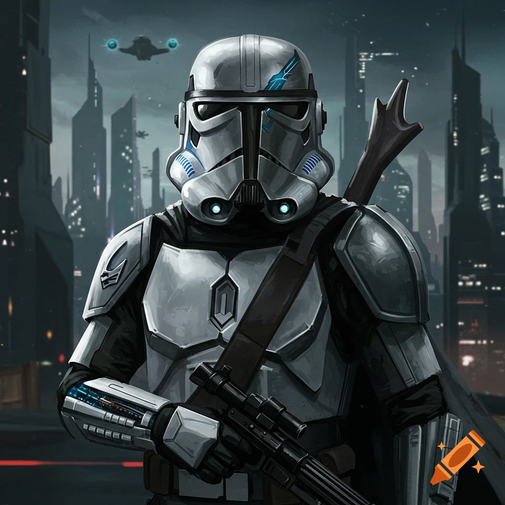A cyborg in Stormtrooper and Mandalorian armor holding a rifle in a sci-fi city.