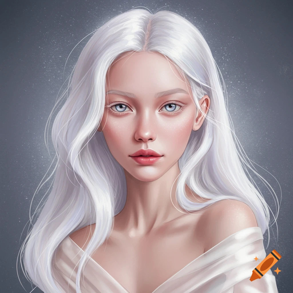Portrait of a young woman with long white hair in a sheer dress.