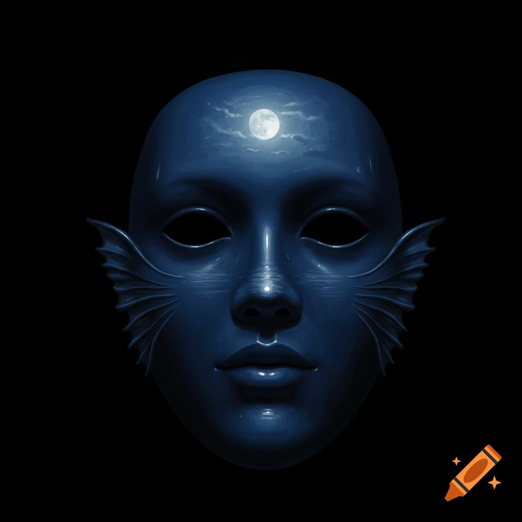 A dark blue mask with gill-like features, reflecting water under moonlight
