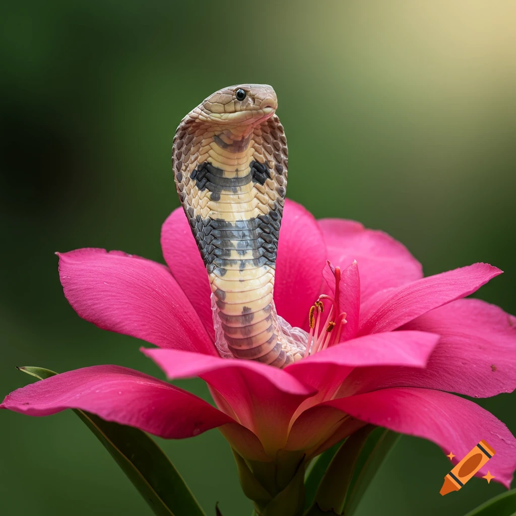 Close-up photo of a cobra head emerging from the center of a bright pink flower.