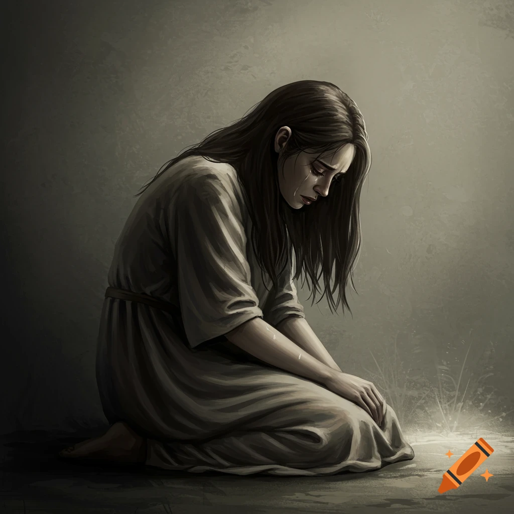 A woman kneels and cries in a somber scene.