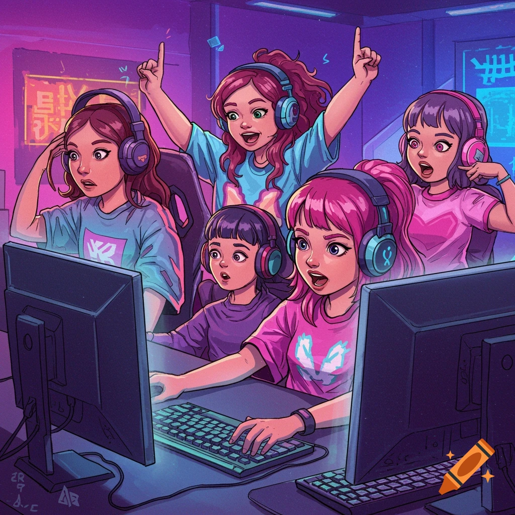 Cartoon of five excited girls playing video games in a colorful neon room.