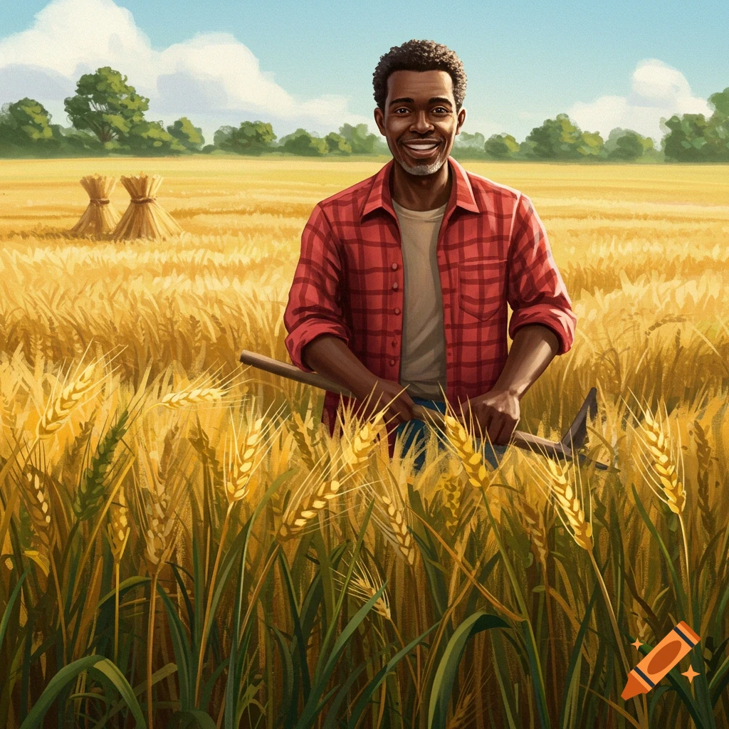 A farmer in a red plaid shirt standing in a golden wheat field.