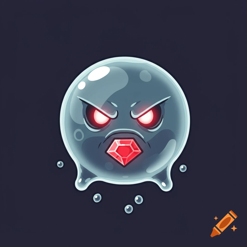 A cartoon floating bubble monster with glowing red eyes and a red crystal.