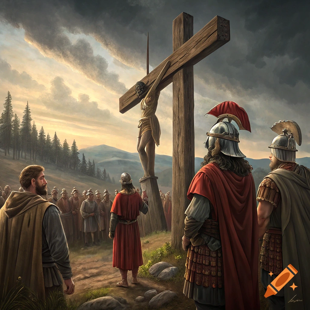 A scene of the crucifixion with Roman soldiers and a crowd watching under a cloudy sky.