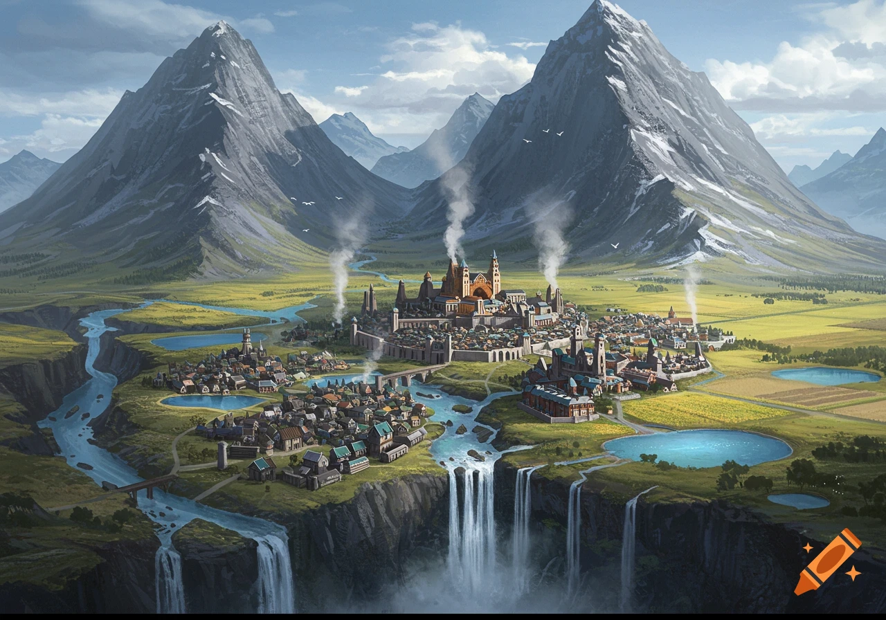 A fantasy city nestled in a valley between mountains, with rivers, waterfalls, and farmland.