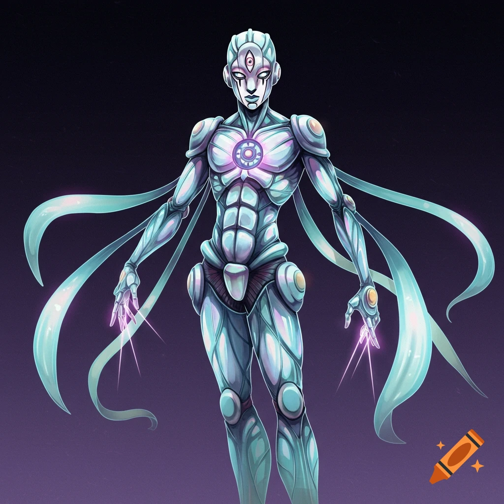 A humanoid futuristic character with sleek, semi-transparent armor, glowing core, needle fingertips, and ethereal ribbons.