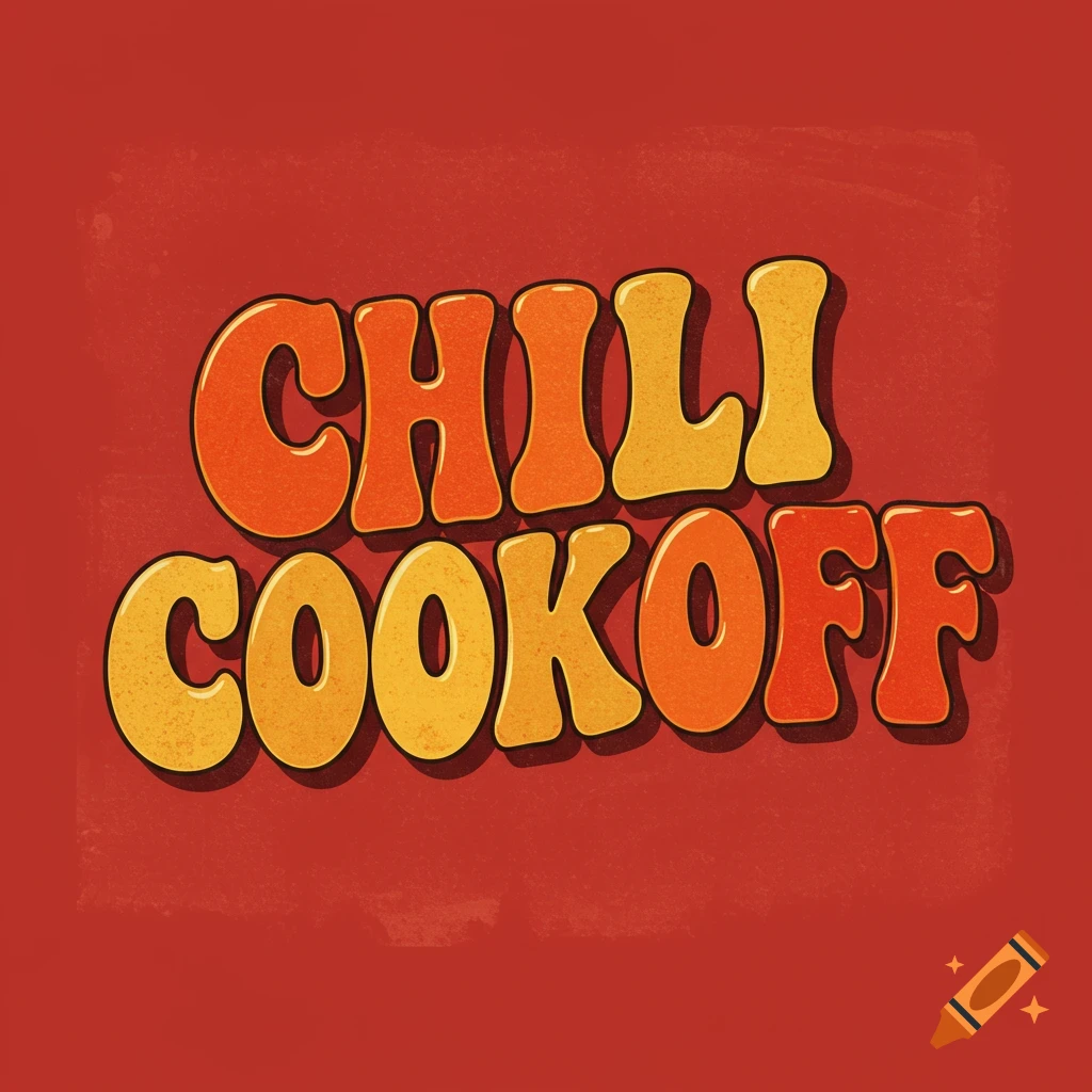 Text that reads CHILI COOKOFF in large retro orange and yellow letters on a red background.